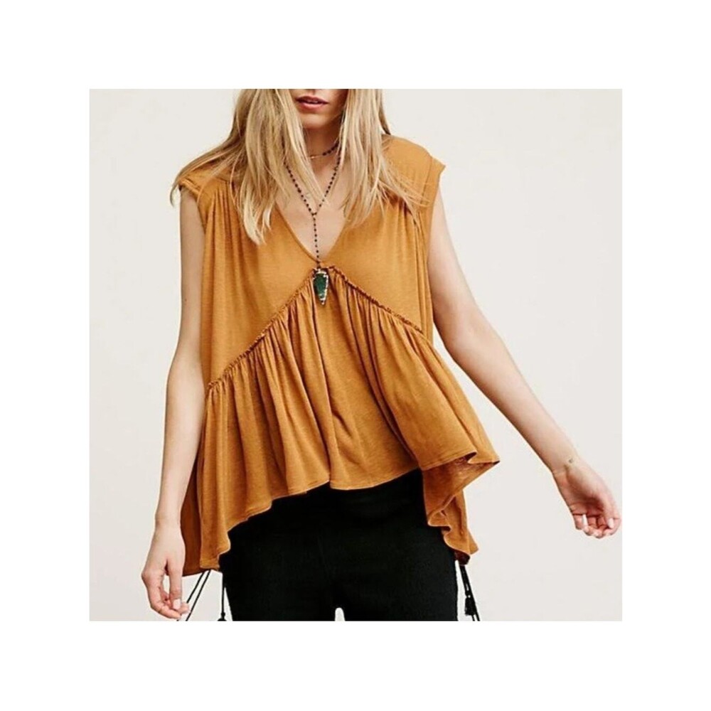 Free People Mustard Ruffle High Low V-Neck Tank